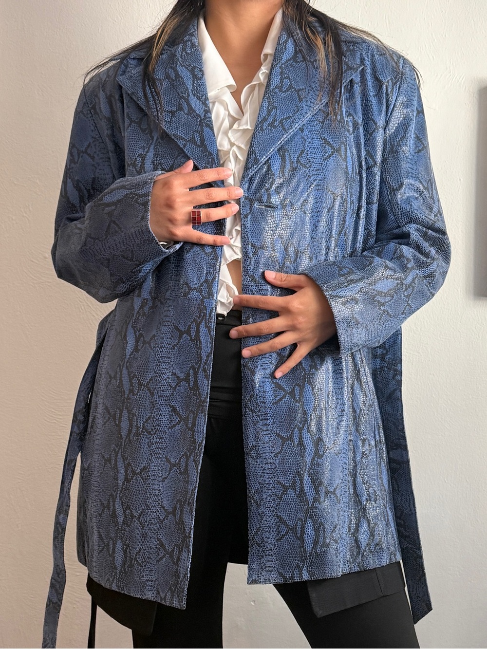90s/Y2K Pelle Studio Wilson Blue Snakeskin Leather Trenchcoat